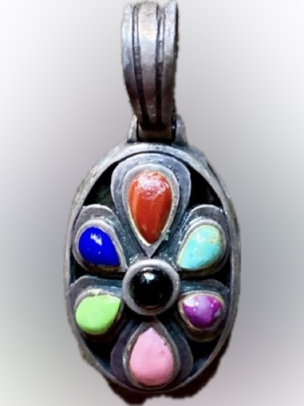 Vtg 925 Sterling Silver Multi Gemstone Flower Pendant Thailand Turquoise Onyx